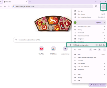 Google Chrome open on Windows PC with settings dropdown menu open and Delete browsing data highlighted