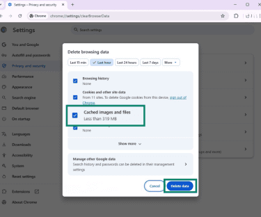 Google Chrome settings open with Delete browsing data options available and cached images and files highlighted
