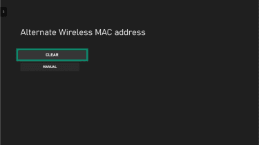 Xbox Alternate Wireless MAC address option with the Clear button highlighted.