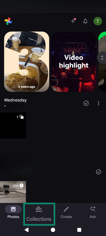 Google Photos homepage, highlighting the Collections tab.