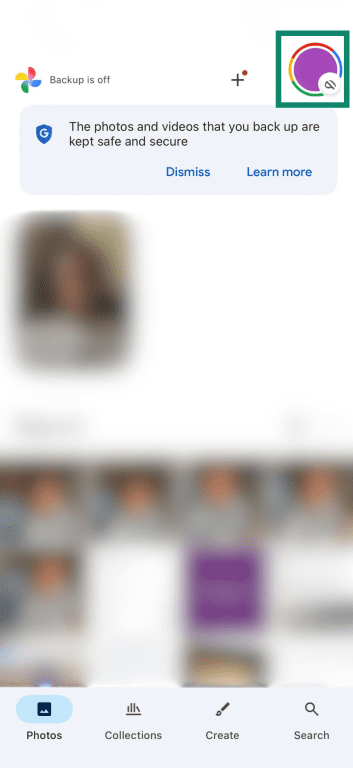 The iOS Google Photos homepage, highlighting the account icon.