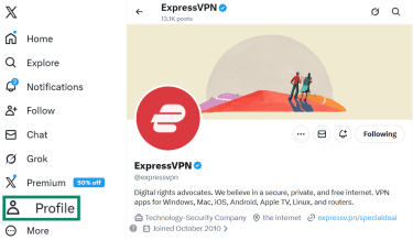 The X webpage is open and Profil is highlighted.