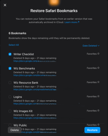 Restoring Safari bookmarks through iCloud Recovery.