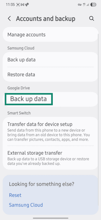 Google drive backup menu on Android.