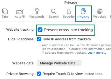 Safari Privacy settings showing Prevent cross-site tracking enabled.
