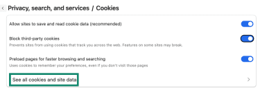Edge Cookies settings with Block third-party cookies on and See all cookies and site data highlighted.