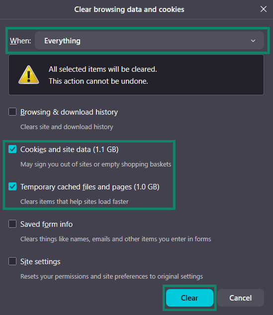 Cookies and other site data and Temporary cached files and pages selected, coverage set to Everything, and Clear option highlighted in the Clear browsing data menu in Firefox.