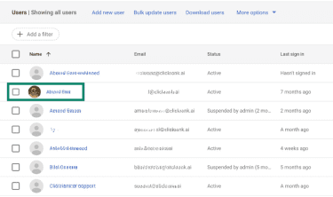 Google Admin Users page with a user name selected to open account settings.