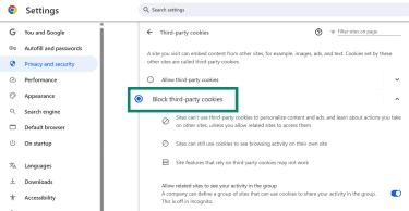Chrome Third-party cookies settings page highlighting the Block third-party cookies radio button, which is currently selected.