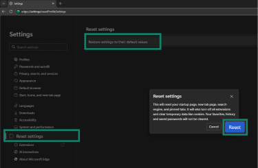 A screenshot showing how to reset Edge to its default settings.