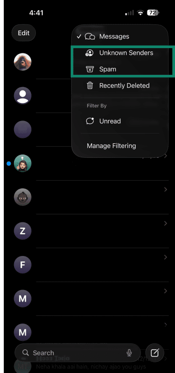 iPhone Messages app sorting messages via unknown sender filter.