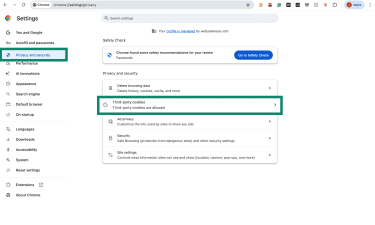 Chrome Settings page showing Privacy and security selected with Third-party cookies highlighted.