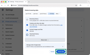 Chrome's Delete browsing data panel with a highlight over the Delete data button.