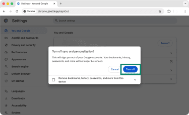 A dialog box in Google Chrome that allows a user to turn off syncing and personalization.