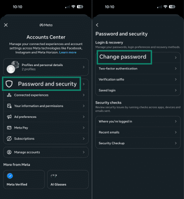 Instagram Change Password setting.