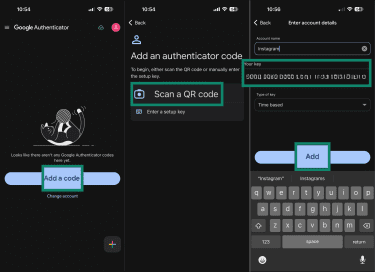 Adding Instagram key to Google Authenticator to enable two-factor authentication for Instagram.