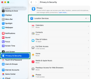 Location services settings on Mac.