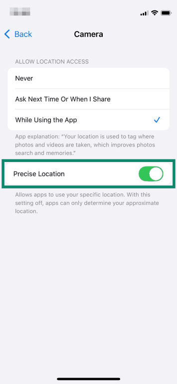 Precise location app settings on iPhone.