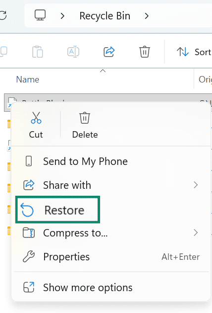 The file menu is open in the Recycle Bin, highlighting the Restore option.