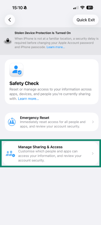 Manage Sharing & Access settings on iPhone.