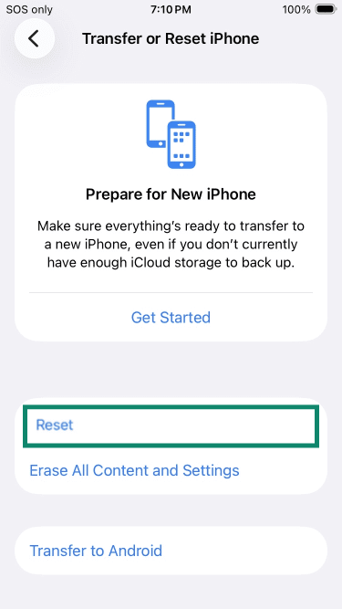 iPhone transfer or reset settings with Reset highlighted.