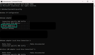 The Command Prompt utility, showing the results of the ipconfig command and where to find the PC's IP address.
