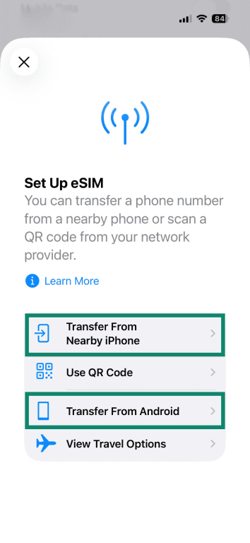 The "Set Up eSIM" window, with the "Transfer From Nearby iPhone" and "Transfer from Android" options highlighted.