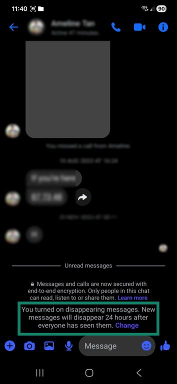 Messenger screenshot highlighting the message confirming that disappearing messaging is on.