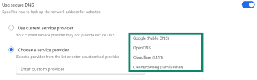 Microsoft Edge Use secure DNS settings with Choose a service provider selected and a list showing Google Public DNS, OpenDNS, Cloudflare, and CleanBrowsing.