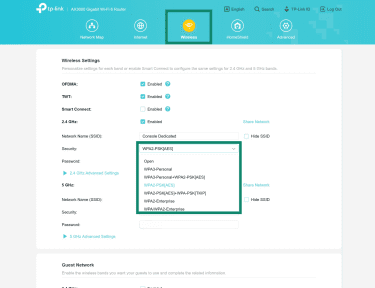 TP_Link router settings, hiighlighting a "Wireless" tab and the Security options.