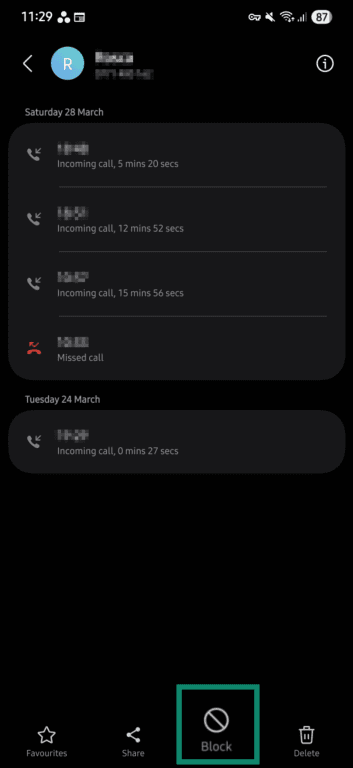 Block calls option on Android.