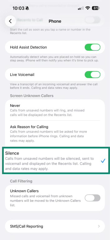 Screen Unknown Callers settings on iPhone.