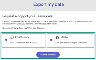 Teams' online Export page with the Chat history and Media options selected for exporting.