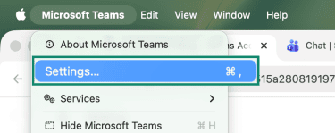 The Settings button within Microsoft Team's macOS menu.