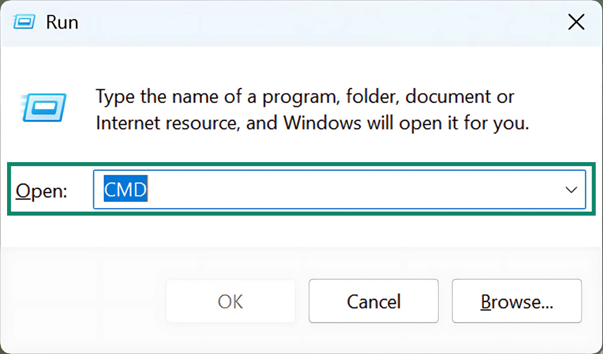 Type "CMD" into the Run program to open the Command Prompt.