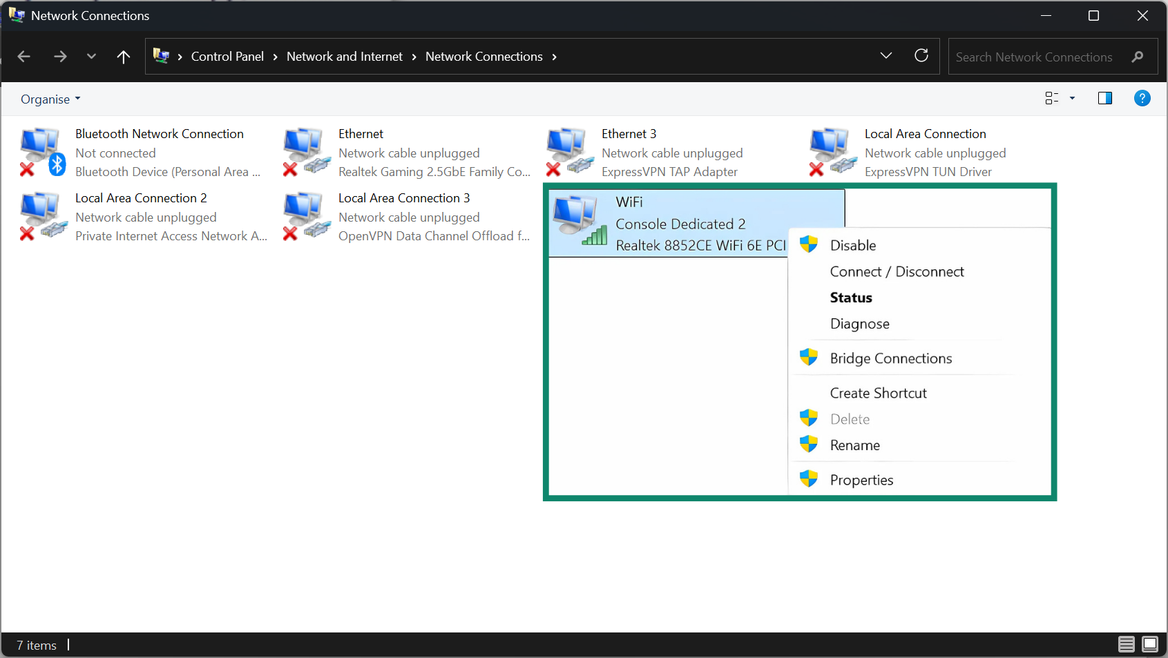 In the Change adapter settings, access the properties of your currently active network connection.