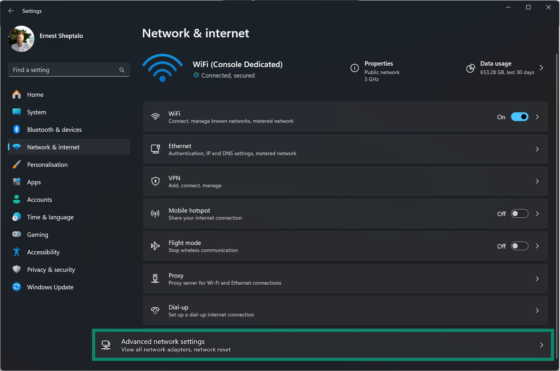 In the Network and internet settings, access Advanced network settings.