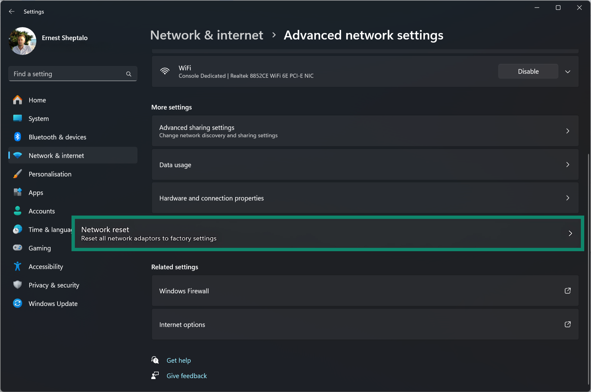 In Advanced network settings, select the Network reset feature.