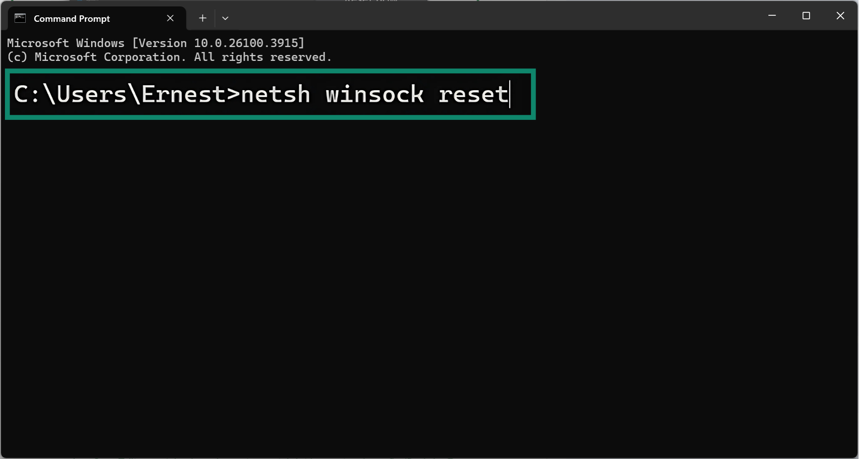 In the Command Prompt, type netsh winsock reset to start the network reset process.