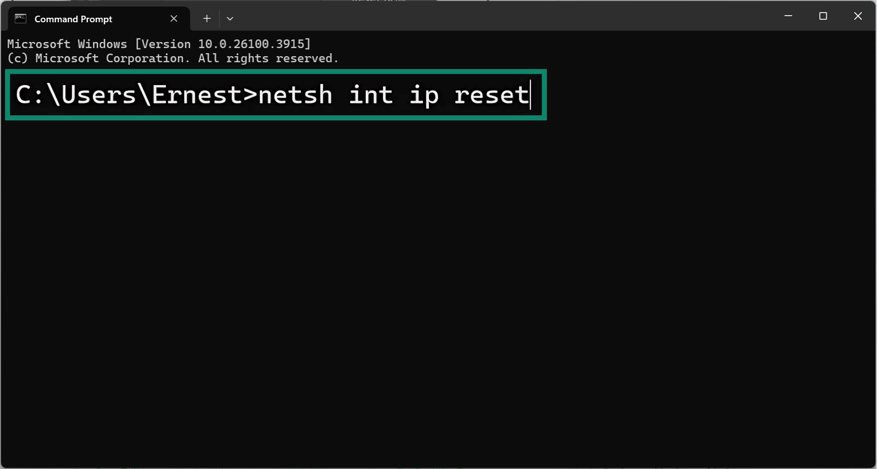 In the Command Prompt, type netsh winsock reset to reset the assigned IP address.