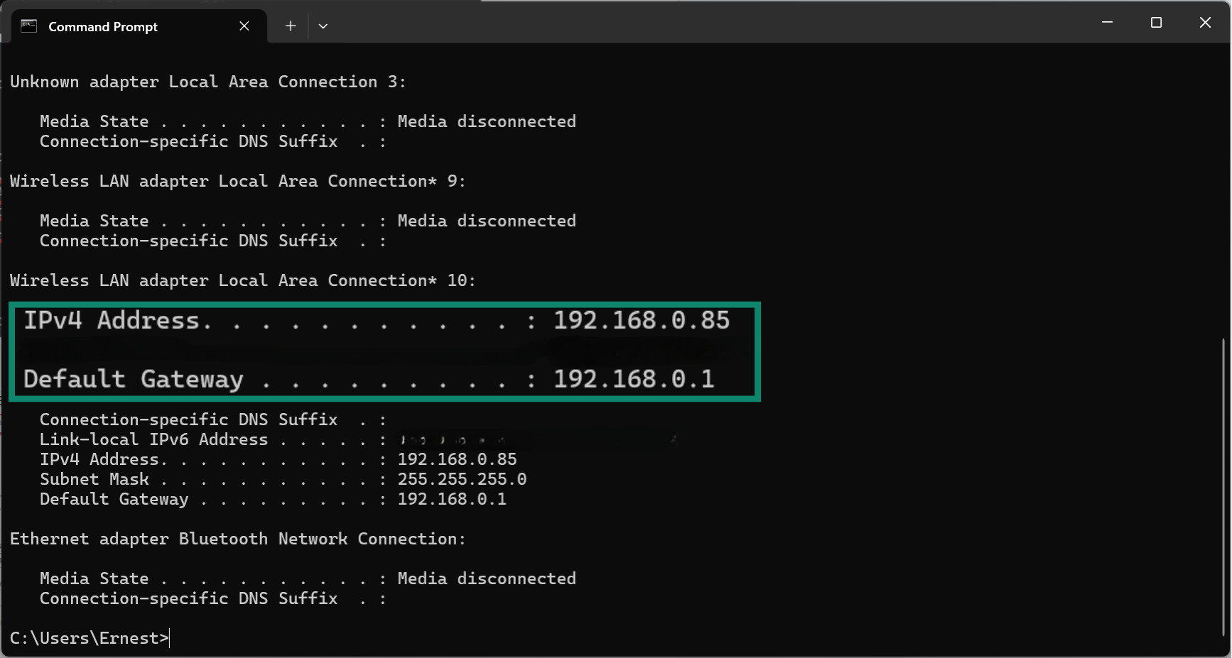 Copy or write down your IPv4 and Default Gateway addresses.