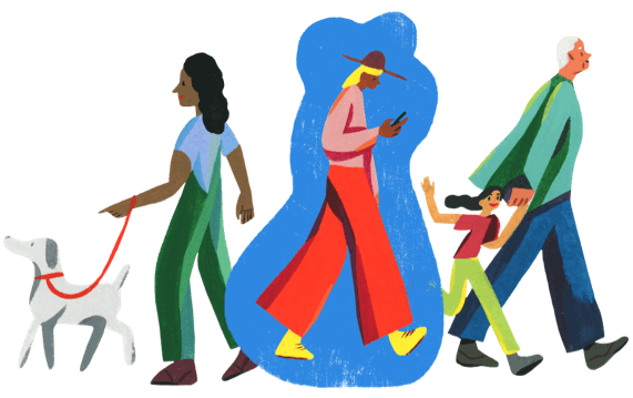 Un paseador de perros, un adulto con un niño, y alguien con su teléfono.