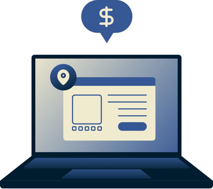 Laptop, amelyen egy böngészőablak látható, felette egy helymegjelöléssel és egy dollárjellel.