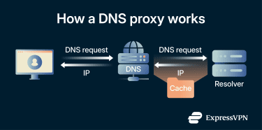 Infographic showing how a DNS proxy forwards DNS queries to a recursive resolver and returns cached results to the user device